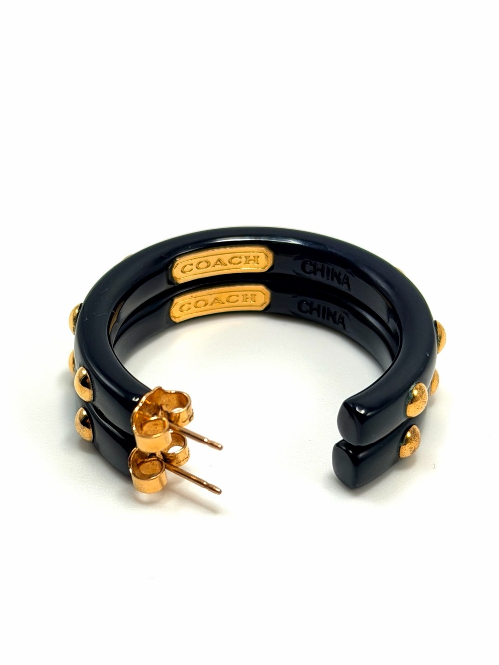Coach Black Lucite Gold Tone Studded Hoop Earrings 1.5” Logo - Picture 3 of 14